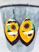 Load image into Gallery viewer, 3 Layered Sunflower and stripe Leather Earrings
