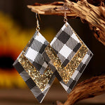 Load image into Gallery viewer, 3 Layered Sequin Plaid Leather Earrings
