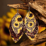 Load image into Gallery viewer, 3 Layered Sunflower and Leopard/stripe Leather Earrings
