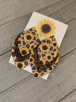 Load image into Gallery viewer, 3 Layered Sunflower and Leopard/stripe Leather Earrings
